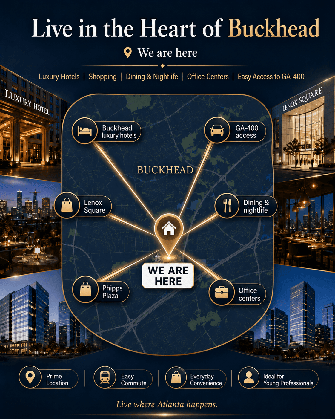 Buckhead location guide showing nearby shopping, dining, offices, and GA-400 access
